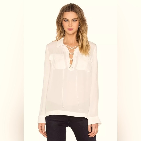 EXPRESS | Cream Collared Long Sleeve Tie Front Sheer Blouse | Size Small - Picture 1 of 7